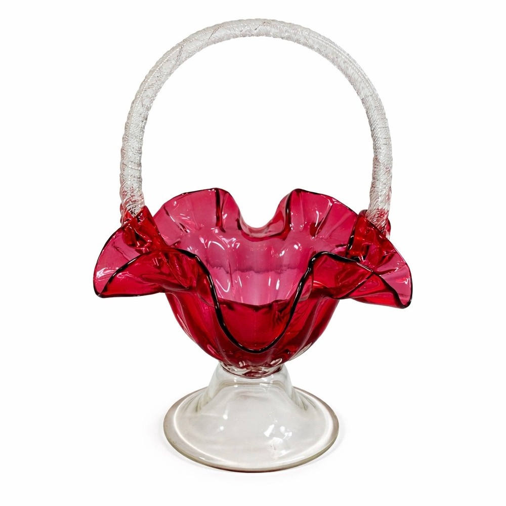 Vintage Fenton Art Glass Basket Ruffled Crimped Edge Clear Twisted Handle 13in H